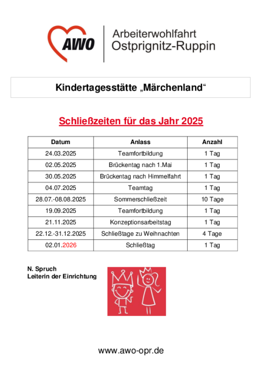 2025 Schließzeiten Kita Märchenland