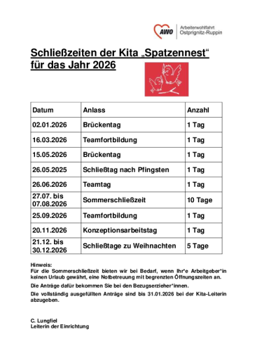 Schließzeiten Kita Spatzennest 2026